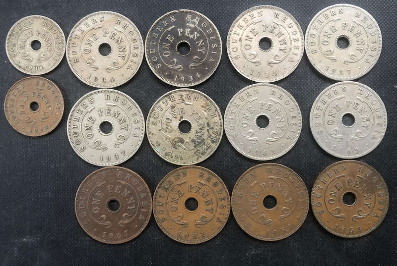 Rhodesia 1934 1937 1939 1942 1947 1951 Penny & Half Penny 14 Coins