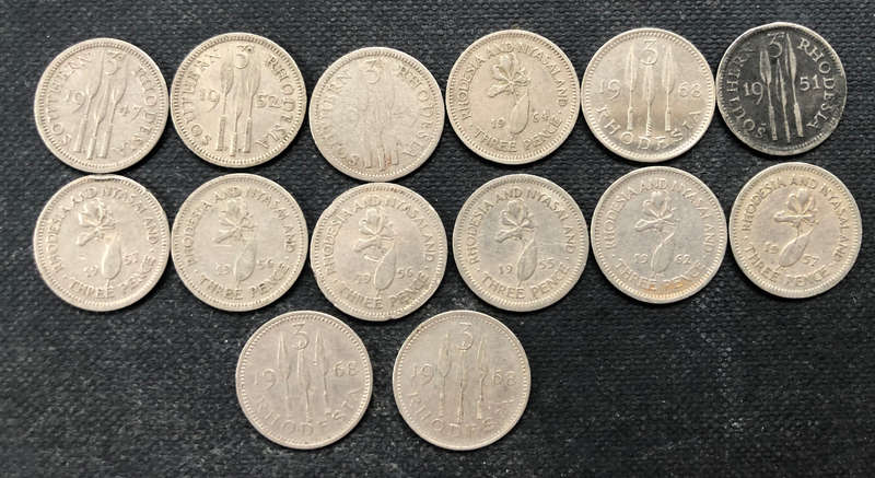 SOUTHERN RHODESIA 3 PENCE, 1x1947, 1x1949, 1x1951, 1x1952, RHODESIA 3x1968, RHODESIA & NYASALAND x 7