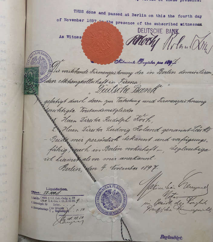 STAMP 1897 PREUSSEN 1.5M REVENUE ON DEUTSCHE BANK SEALED GOLD MINING DOCUMENT