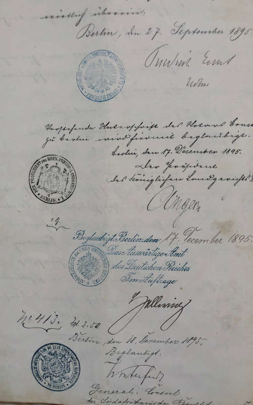 STAMPS 1895 PREUSSEN 1.5M STEMPELMARKE x 2 AND VARIOUS SEALS AND STAMPS ON HANDWRITTEN DOCUMENT