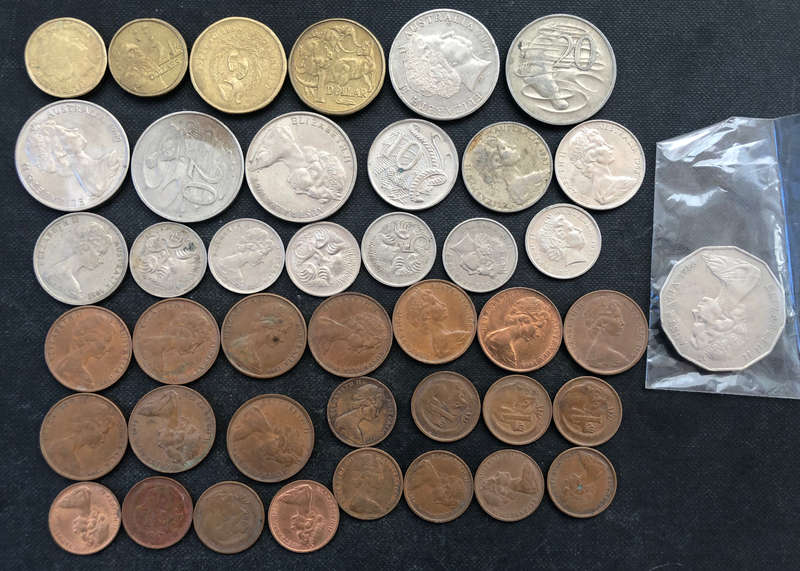 Two Dollars One Dollar Fifty Twenty Ten Five Two and One Cents  Australian Collection of 42 Coins