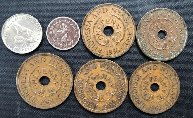 Rhodesia and Nyasaland Six Pence 1957 Three Pence Penny Collection of 7 Coins