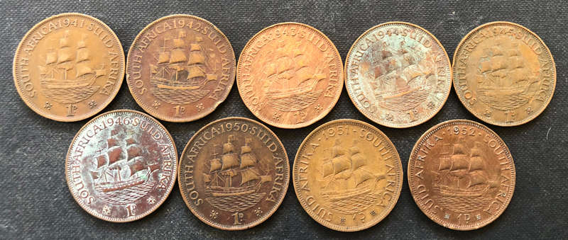 PENNY 1941 - 1946, 1950 - 1952 COLLECTION OF 9 UNION OF SOUTH AFRICA COINS