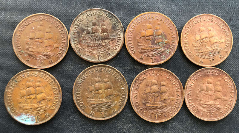 PENNY 1941, 1942 x 3, 1945, 1950 - 1952 COLLECTION OF 8 UNION OF SOUTH AFRICA