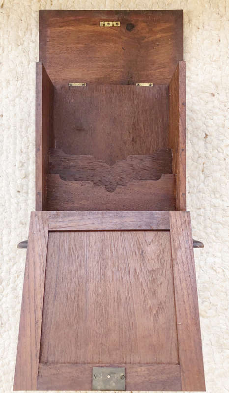 TEAK PANELLED DOCUMENT STORAGE BOX ANTIQUE WITH EAGLE ON FRONT AND ORIGINAL BRASS LOCK