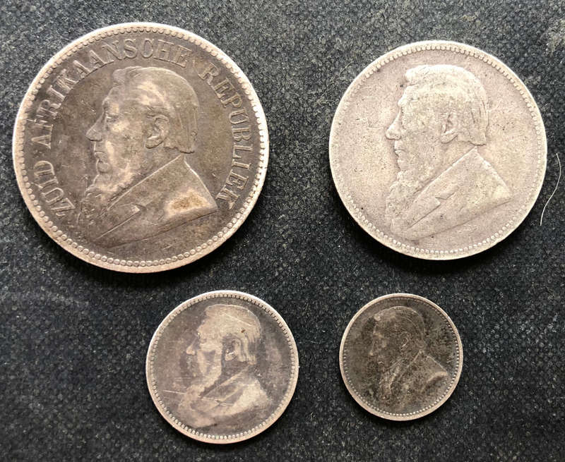 KRUGER 1896 SILVER 2 SHILLINGS AND SIXPENCE, 2 SHILLINGS, SIXPENCE AND THREEPENCE 4 ZAR COINS