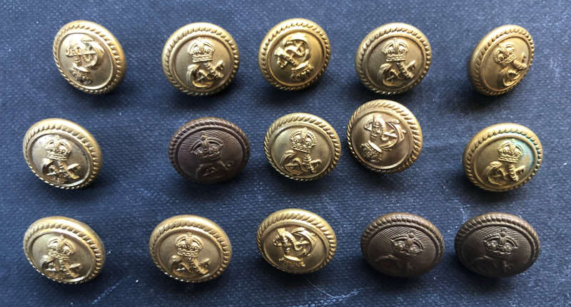 MILITARY COLLECTION OF 15 SOUTH AFRICAN NAVY VINTAGE BRASS BUTTONS WITH KINGS CROWN