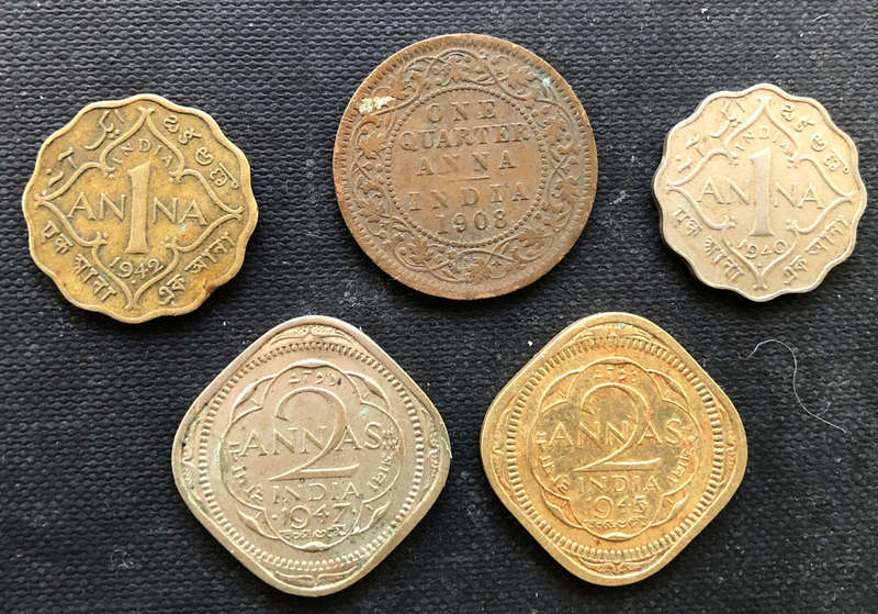 INDIA 1908 1940 1942 1945 1947 1 Cent 1 & 2 Anna Collection of 5 Coins