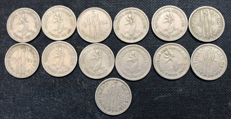 SOUTHERN RHODESIA 3 PENCE, 1 x 1947, 3 x 1951, RHODESIA 1 x 1968, RHODESIA & NYASALAND x 8