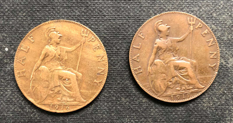 HALF PENNY 1917 AND 1920 BRITAIN COLLECTION OF TWO COINS