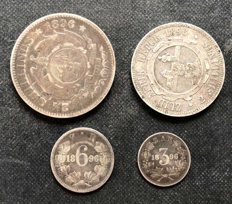 KRUGER 1896 SILVER 2 SHILLINGS AND SIXPENCE, 2 SHILLINGS, SIXPENCE AND THREEPENCE 4 ZAR COINS