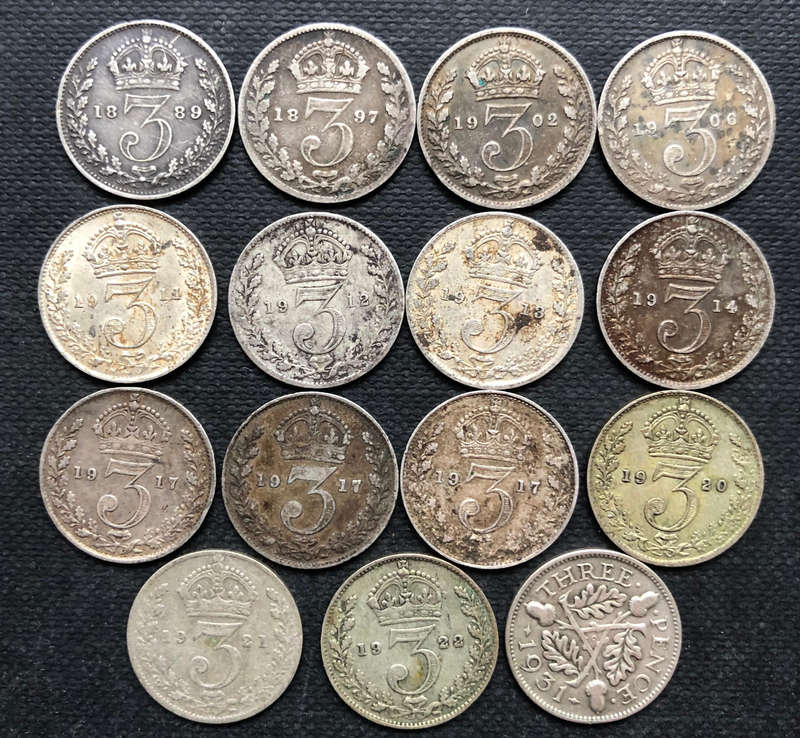 Silver UK Threepence 1889 1897 1902 1906 1911 1912 1913 1914 1917 1920 1921 1922 1931 15 Coins Total