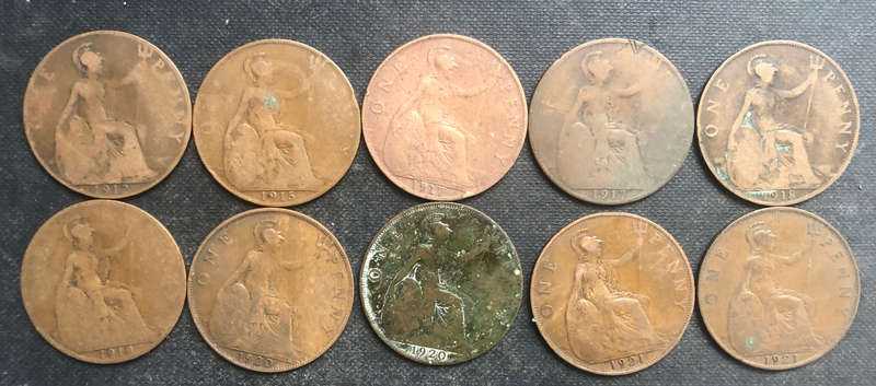 PENNY BRITISH 1912, 1915, 1917 x 2, 1918, 1919, 1920 x 2 & 1921 x 2 & GEORGE V COLLECTION OF TEN