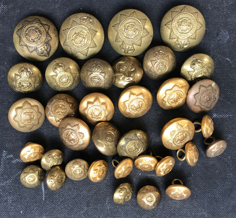 POLICE SOUTH AFRICAN VINTAGE BRASS BUTTON COLLECTION OF 30, 18 PRE-1952 WITH KINGS CROWN OVER STAR