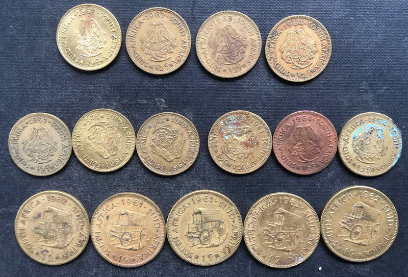 RSA HALF AND ONE CENT 15 COINS 1961, 1962, 1963 AND 1964