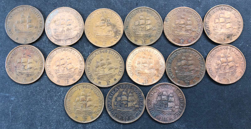 PENNY 1937 - 1946, 1948 - 1952 COLLECTION OF 15 UNION OF SOUTH AFRICA COINS