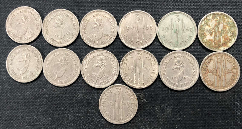 SOUTHERN RHODESIA 3 PENCE, 1x1947, 1x1949, 1x1951, 1x1952, RHODESIA 2x1968, RHODESIA & NYASALAND x 7
