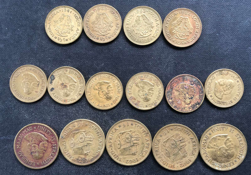 RSA HALF AND ONE CENT 15 COINS 1961, 1962, 1963 AND 1964