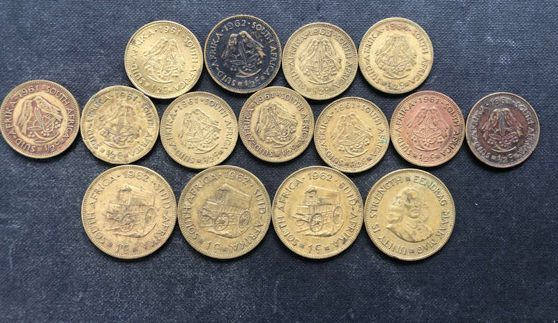 RSA HALF AND ONE CENT 15 COINS 1961, 1962, 1963 AND 1964