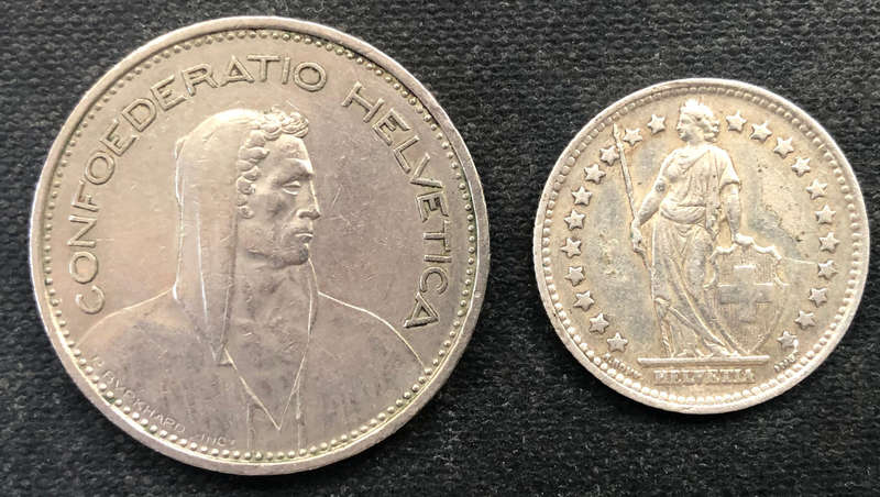 SWITZERLAND Helvetica 1945 Silver Franc 1980 5 Francs