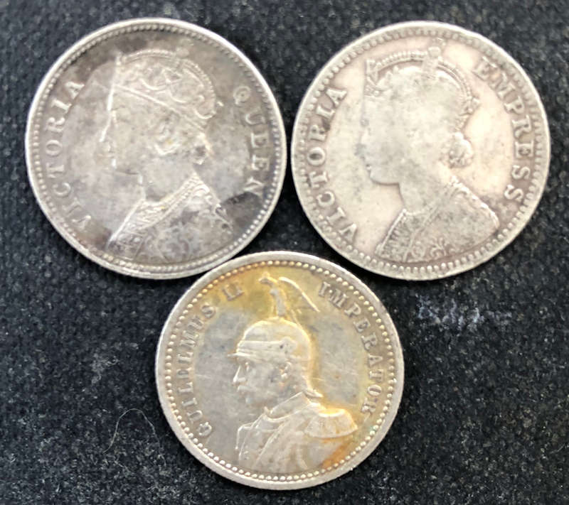 COIN SILVER INDIA 1862 1891 1909 COLLECTION OF THREE 1/4 RUPEE COINS
