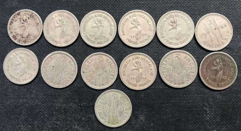 SOUTHERN RHODESIA 3 PENCE, 2 x 1947, 1 x 1951, 1 x 1952, RHODESIA 1 x 1968, RHODESIA & NYASALAND x 8
