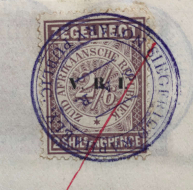 STAMPS FIVE 1900 ZUID AFRIKAANSCHE REPUBLIEK ZEGELREGT WITH VRI OVERPRINT ON GOLD MINING DOCUMENT