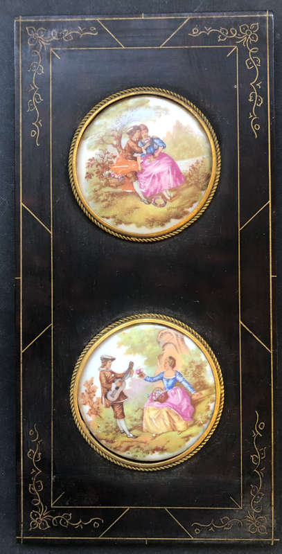 LIMOGES ROMANTIC LOVE PLATES IN ORIGINAL GILT INLAID FRAME AND EACH FRAMED IN PERIOD BULLION WIRE