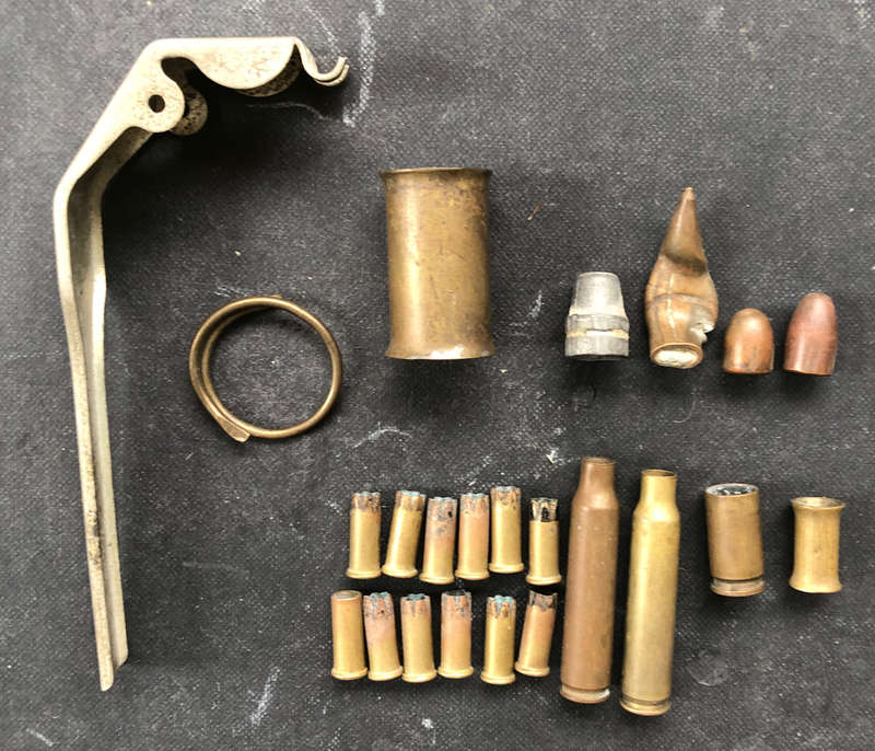 MILITARIA NUMBER 10 HAND GRENADE HANDLE, RING AND VARIOUS SMALL CALIBRE BRASS SHELLS AND BULLETS