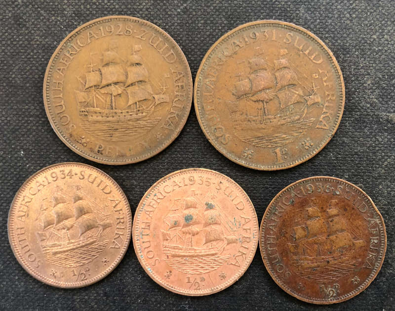 HALF PENNY 1934 1935 1936 PENNY 1928 1931 UNION OF SOUTH AFRICA COLLECTION OF 5 COINS