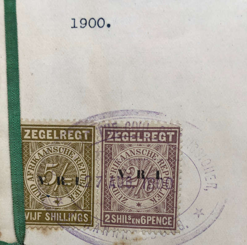 STAMPS 1900 2 x ZAR ZEGELREGT 5/-, 1 x 2/6 ALL VRI OVERPRINTS CAPE OF GOOD HOPE 1 POUND ON DOCUMENT