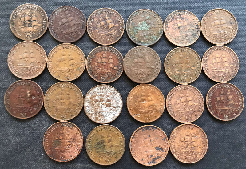 HALF PENNY 1940, 1942, 1943, 1945, 1950, 1951 and 1952 COLLECTION OF 22 UNION OF SOUTH AFRICA
