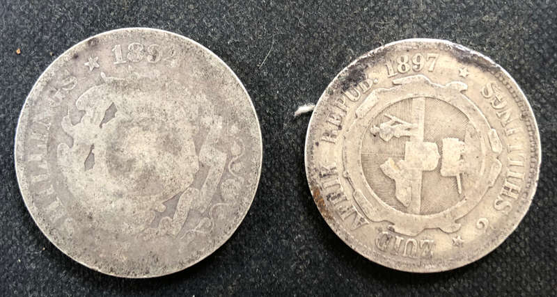 KRUGER ZAR SILVER TWO SHILLINGS AND SIXPENCE 1894 AND TWO SHILLINGS 1897 COINS COLLECTION
