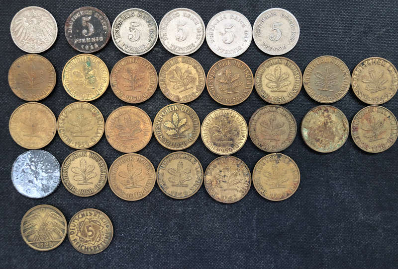 GERMANY 1875 1893 1912 1913 1915 & 24 later 5 Pfennig Coins Collection of 30 Coins