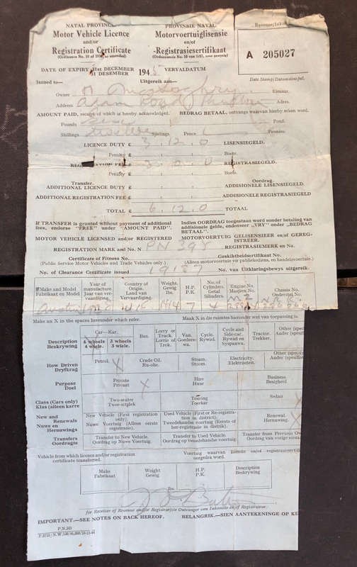 STAMPS UNION OF SOUTH AFRICA 1945 VARIOUS ON REAR OF MOTOR VEHICLE LICENCE REGISTRATION CERTIFICATE