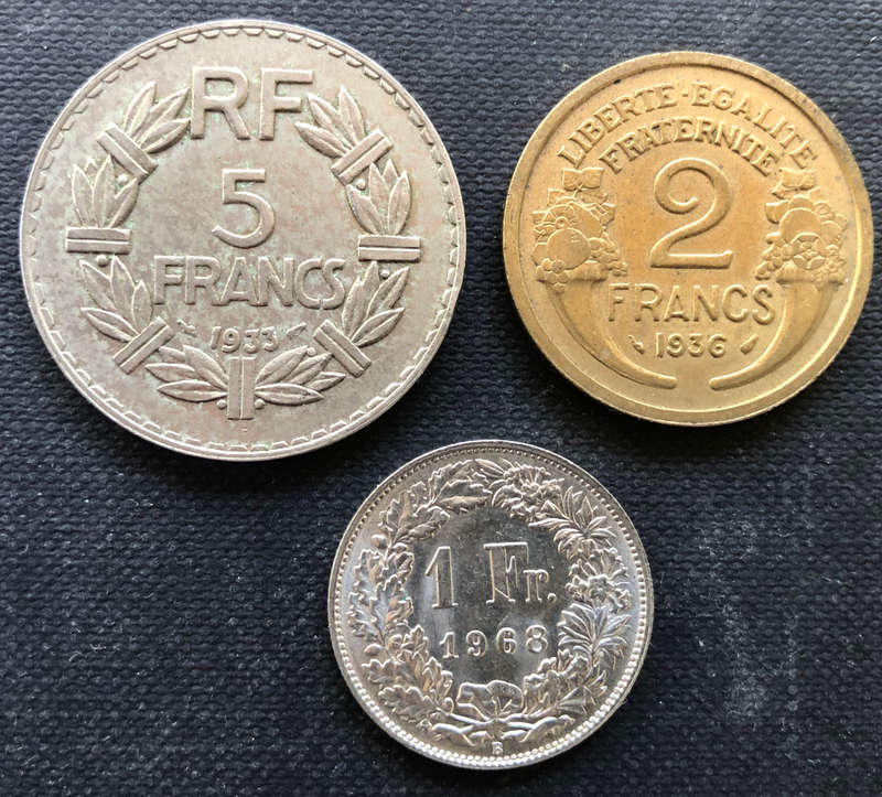 FRANCE 1933 1936 1968 5 2 and 1 Francs Collection of 3 Coins