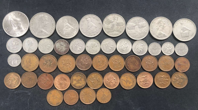 RHODESIA 1964 25 CENTS x 2, RHODESIA 1964 & 1977 20 CENTSx2, ZIMBABWE 1980 $1 x 3, & 39 OTHER COINS