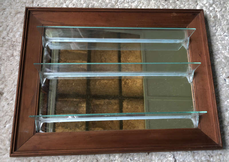 SILVER OR JEWELLERY OR COLLECTABLES DISPLAY WALL HANGING FRAME PERSPEX SHELVES WITH MIRROR BACK