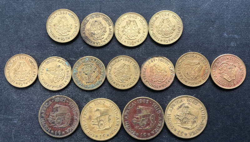 RSA HALF AND ONE CENT 15 COINS 1961, 1962, 1963 AND 1964