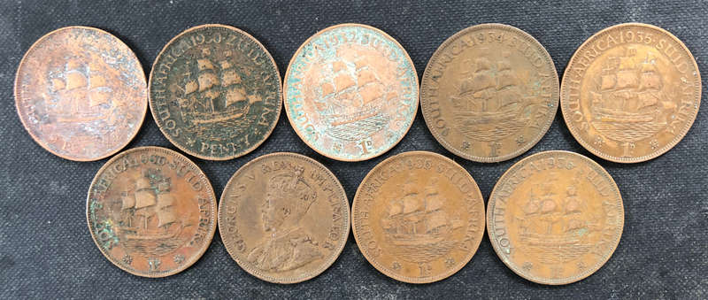PENNY 1929 1930 1932 1934 1935 1936 x 4 UNION OF SOUTH AFRICA COLLECTION OF 9