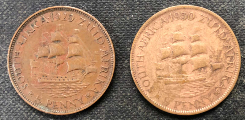 HALF PENNY 1929 1930 TWO UNION OF SOUTH AFRICA COINS