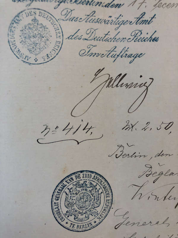 STAMPS 1895 PREUSSEN 1.5M STEMPELMARKE x 2 AND VARIOUS SEALS AND STAMPS ON HANDWRITTEN DOCUMENT