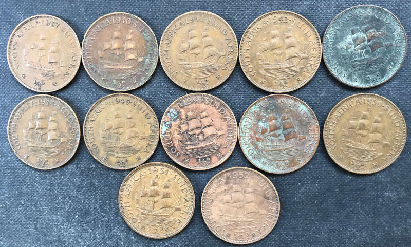 HALF PENNY 1937, 1940-1946, 1948, 1950-1952 UNION OF SOUTH AFRICA COLLECTION OF 12