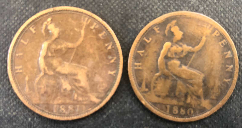 HALF PENNY 1880 AND 1881 BRITISH QUEEN VICTORIA