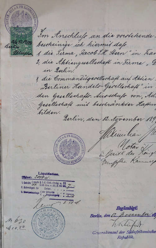 STAMPS 1897 TWO PREUSSEN 1.5 M REVENUE & ONE ZWANZIG MARK & VARIOUS SEALS ON DEUTSCHE BANK DOCUEMENT
