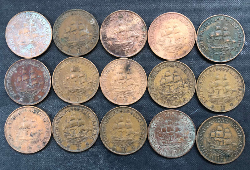PENNY 1937 - 1946, 1948 - 1952 COLLECTION OF 15 UNION OF SOUTH AFRICA COINS