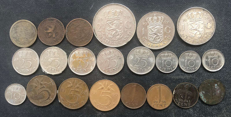 NETHERLANDS 1919 Silver 25 Cents 1905 1917 1 Cent and 2 & 1 Gulden 25 10 5 & 1 Cent 22 Coins
