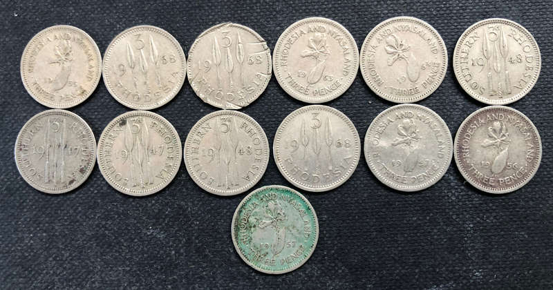 SOUTHERN RHODESIA 3 PENCE, 2 x 1947, 2 x 1948 RHODESIA 3 x 1968, RHODESIA & NYASALAND x 6