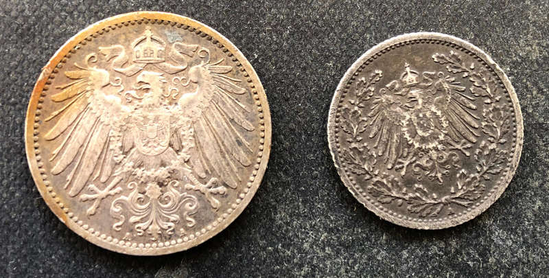 GERMANY 1905 1907 Silver 1/2 Mark & 1 Mark Collection of 2 Coins