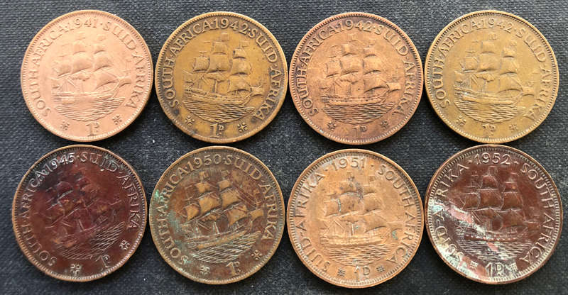 PENNY 1941, 1942 x 3, 1945, 1950 - 1952 COLLECTION OF 8 UNION OF SOUTH AFRICA COINS